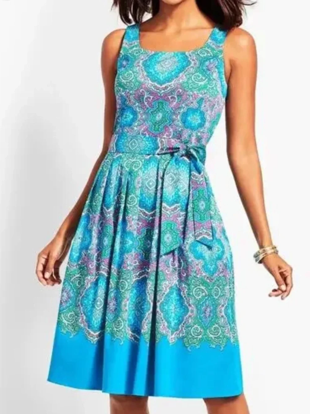 Talbots Retro Paisley Fit & Flare Printed Sleeveless Midi Dress Turquoise 10